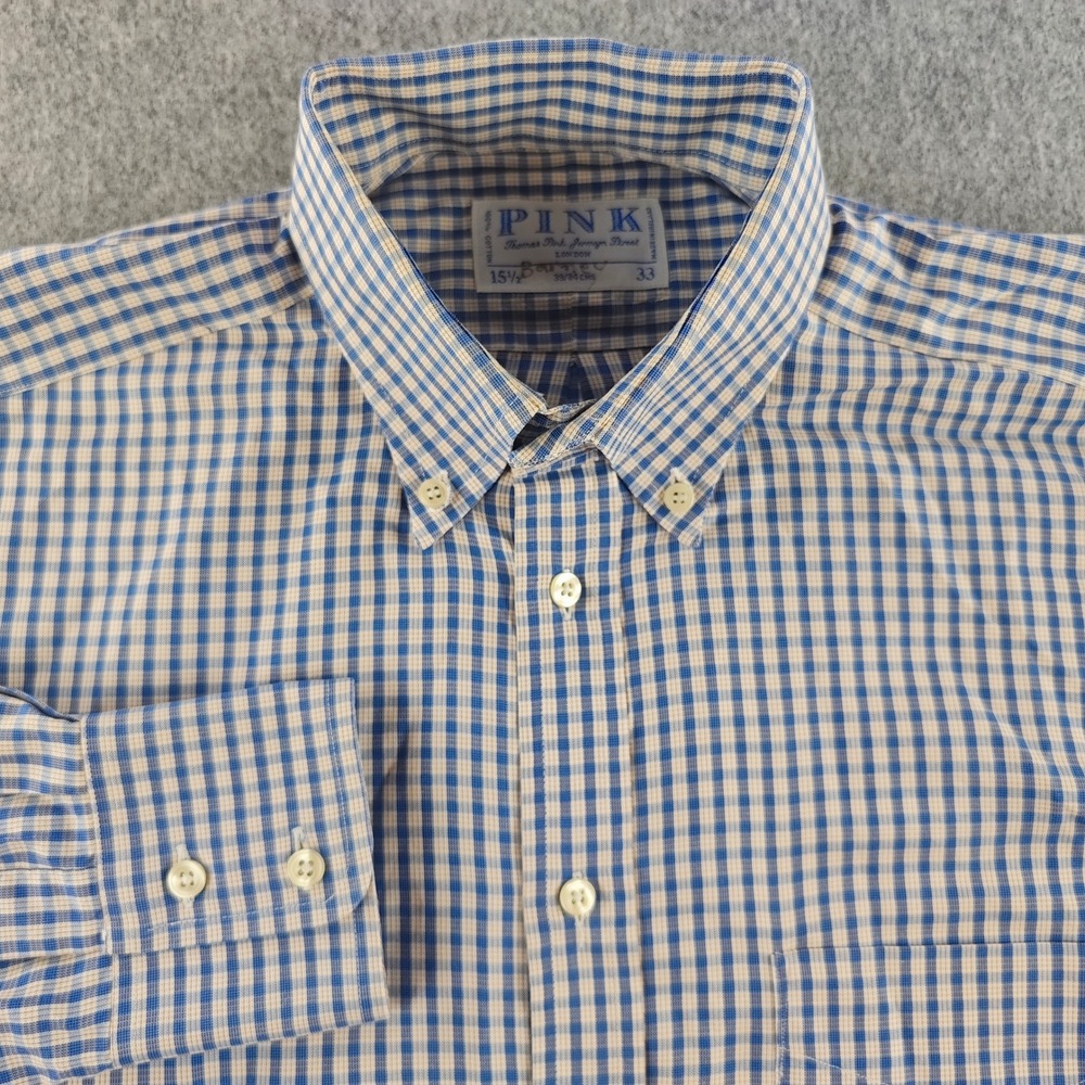 Thomas Pink Button Down Shirt Mens 15.5 x 33 Blue Gingham Long Sleeve Cotton